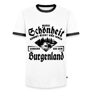 Wahre Schönheit kommt nicht von innen, Burgenland - Männer Kontrast-T-Shirt - Weiß/Schwarz - Vorne - AI Model Female 172 light (172cm) & AI Model Male 178 dark (178cm)