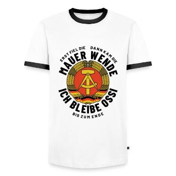 Mauer, Wende, Ossi bis zum Ende, DDR Spruch - Männer Kontrast-T-Shirt - Weiß/Schwarz - Vorne - AI Model Female 172 light (172cm) & AI Model Male 178 dark (178cm)