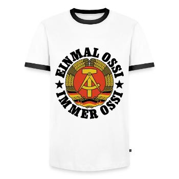 DDR Wappen, Einmal Ossi, Immer Ossi, Spruch - Männer Kontrast-T-Shirt - Weiß/Schwarz - Vorne - AI Model Female 172 light (172cm) & AI Model Male 178 dark (178cm)