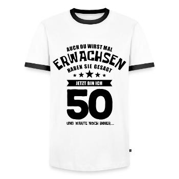 Auch du wirst mal erwachsen, 50 Jahre, Geschenk - Männer Kontrast-T-Shirt - Weiß/Schwarz - Vorne - AI Model Female 172 light (172cm) & AI Model Male 178 dark (178cm)