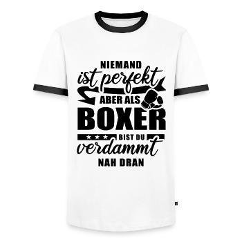 Niemand ist perfekt - Boxer - Spruch - Männer Kontrast-T-Shirt - Weiß/Schwarz - Vorne - AI Model Female 172 light (172cm) & AI Model Male 178 dark (178cm)