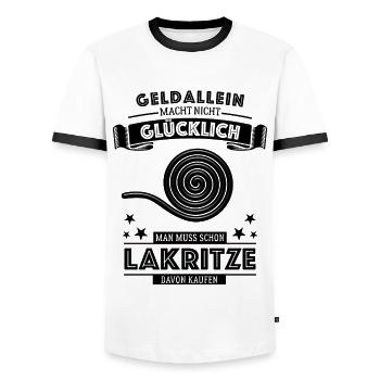 Geld allein macht nicht glücklich - aber Lakritze - Männer Kontrast-T-Shirt - Weiß/Schwarz - Vorne - AI Model Female 172 light (172cm) & AI Model Male 178 dark (178cm)