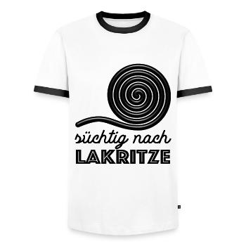 Süchtig nach Lakritze, naschen - Spruch - Männer Kontrast-T-Shirt - Weiß/Schwarz - Vorne - AI Model Female 172 light (172cm) & AI Model Male 178 dark (178cm)
