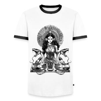 Spiritual Indian Goddess DJ Music T-Shirt - Men's Ringer Shirt - white/black - Front - AI Model Female 172 light (172cm) & AI Model Male 178 dark (178cm)