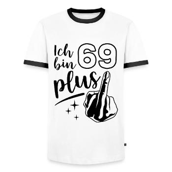 Ich bin 69 plus 1, Mittelfinger 70. Geburtstag - Männer Kontrast-T-Shirt - Weiß/Schwarz - Vorne - AI Model Female 172 light (172cm) & AI Model Male 178 dark (178cm)