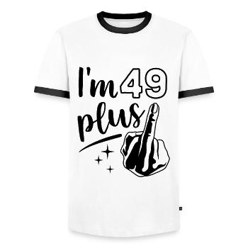 I'm 49 plus 1, middle finger 50th birthday - Men's Ringer Shirt - white/black - Front - AI Model Female 172 light (172cm) & AI Model Male 178 dark (178cm)