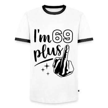 I'm 69 plus 1, middle finger 70th birthday - Men's Ringer Shirt - white/black - Front - AI Model Female 172 light (172cm) & AI Model Male 178 dark (178cm)