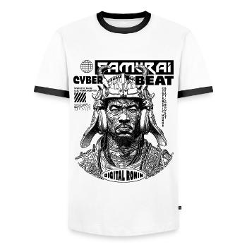 Techno Samurai T-Shirt für Manga-Liebhaber - Männer Kontrast-T-Shirt - Weiß/Schwarz - Vorne - AI Model Female 172 light (172cm) & AI Model Male 178 dark (178cm)