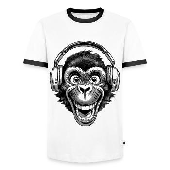Lustiges Schimpansen-Musik-Shirt für Tierliebhaber - Männer Kontrast-T-Shirt - Weiß/Schwarz - Vorne - AI Model Female 172 light (172cm) & AI Model Male 178 dark (178cm)