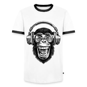 Cool chimpanzee shirt for vinyl fans - Men's Ringer Shirt - white/black - Front - AI Model Female 172 light (172cm) & AI Model Male 178 dark (178cm)