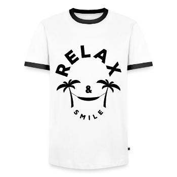Relax & Smile, Sommer - Sonne - Urlaub - Männer Kontrast-T-Shirt - Weiß/Schwarz - Vorne - AI Model Female 172 light (172cm) & AI Model Male 178 dark (178cm)