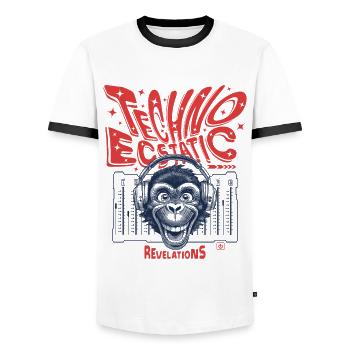 Techno Ecstatic Revelations DJ Shirt - Men's Ringer Shirt - white/black - Front - AI Model Female 172 light (172cm) & AI Model Male 178 dark (178cm)