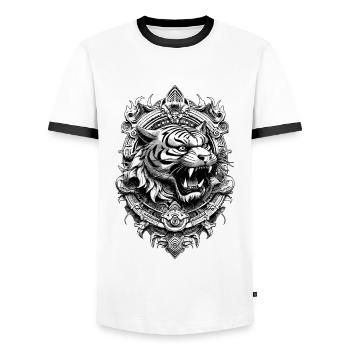 Kraftvolles Tigershirt für spirituelle Entwicklung - Männer Kontrast-T-Shirt - Weiß/Schwarz - Vorne - AI Model Female 172 light (172cm) & AI Model Male 178 dark (178cm)