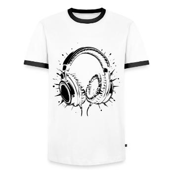 Casque - Musique - Écouter de la musique - T-shirt contrasté Homme - blanc/noir - Devant - AI Model Female 172 light (172cm) & AI Model Male 178 dark (178cm)