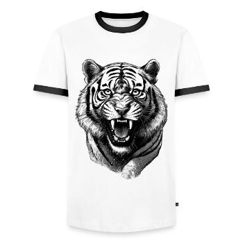 Aggressiver Tiger Shirt für Fitnessstudio - Männer Kontrast-T-Shirt - Weiß/Schwarz - Vorne - AI Model Female 172 light (172cm) & AI Model Male 178 dark (178cm)