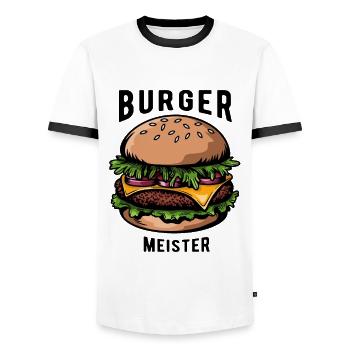 Burger Meister, Burger - Fast Food - lecker - Männer Kontrast-T-Shirt - Weiß/Schwarz - Vorne - AI Model Female 172 light (172cm) & AI Model Male 178 dark (178cm)
