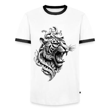 Urbanes Tiger Shirt für wilde Styles - Männer Kontrast-T-Shirt - Weiß/Schwarz - Vorne - AI Model Female 172 light (172cm) & AI Model Male 178 dark (178cm)