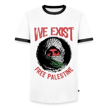 Nous existons - Liberté pour la Palestine - Paix - T-shirt contrasté Homme - blanc/noir - Devant - AI Model Female 172 light (172cm) & AI Model Male 178 dark (178cm)
