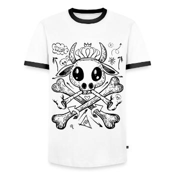 Naughty cow with cigars in streetwear style shirt - Men's Ringer Shirt - white/black - Front - AI Model Female 172 light (172cm) & AI Model Male 178 dark (178cm)
