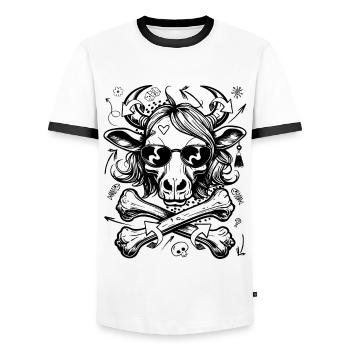 Naughty graffiti cow with wild hairstyle, shirt - Men's Ringer Shirt - white/black - Front - AI Model Female 172 light (172cm) & AI Model Male 178 dark (178cm)