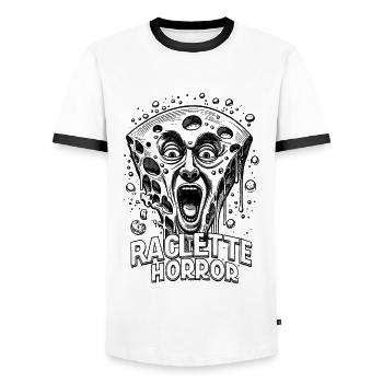 Scary Cheese Shirt: Raclette Nightmare - Men's Ringer Shirt - white/black - Front - AI Model Female 172 light (172cm) & AI Model Male 178 dark (178cm)