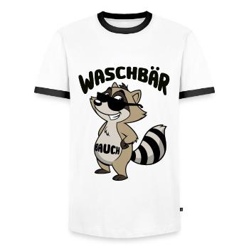 Waschbär Bauch - Waschbrett Bauch Cartoon - Männer Kontrast-T-Shirt - Weiß/Schwarz - Vorne - AI Model Female 172 light (172cm) & AI Model Male 178 dark (178cm)