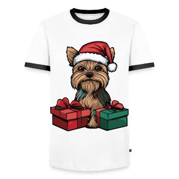 Yorkshire Terrier Chien Cadeaux de bande dessinée de Noël - T-shirt contrasté Homme - blanc/noir - Devant - AI Model Female 172 light (172cm) & AI Model Male 178 dark (178cm)
