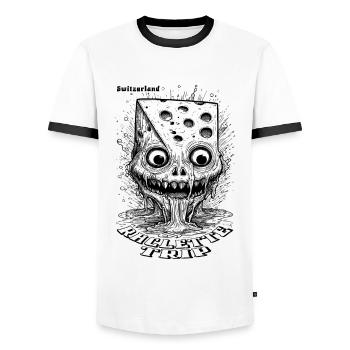 Comic Horror T-Shirt with Melting Cheese - Men's Ringer Shirt - white/black - Front - AI Model Female 172 light (172cm) & AI Model Male 178 dark (178cm)