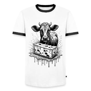 Kunstvolles Raclette-Shirt mit rustikalem Kuhmotiv - Männer Kontrast-T-Shirt - Weiß/Schwarz - Vorne - AI Model Female 172 light (172cm) & AI Model Male 178 dark (178cm)