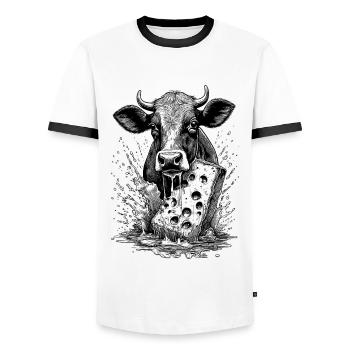 Party shirt: Cow meets melting raclette cheese - Men's Ringer Shirt - white/black - Front - AI Model Female 172 light (172cm) & AI Model Male 178 dark (178cm)
