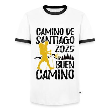 Chemin de Saint-Jacques-de-Compostelle 2025 - T-shirt contrasté Homme - blanc/noir - Devant - AI Model Female 172 light (172cm) & AI Model Male 178 dark (178cm)