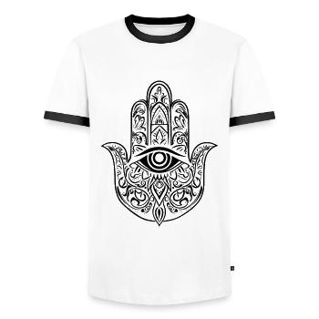 Hamsa - Hand der Fatima - Schutz und Segen - Männer Kontrast-T-Shirt - Weiß/Schwarz - Vorne - AI Model Female 172 light (172cm) & AI Model Male 178 dark (178cm)