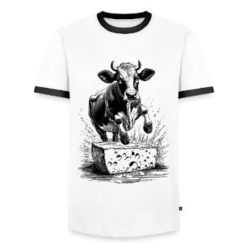 Jumping cow: Cheese love on your shirt! - Men's Ringer Shirt - white/black - Front - AI Model Female 172 light (172cm) & AI Model Male 178 dark (178cm)