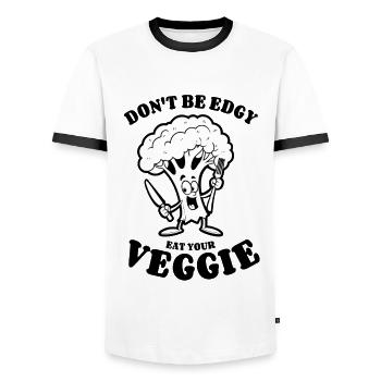 Don't be edgy, eat your Veggie - Brokkoli, vegan - Männer Kontrast-T-Shirt - Weiß/Schwarz - Vorne - AI Model Female 172 light (172cm) & AI Model Male 178 dark (178cm)