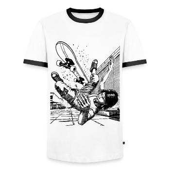 Big Case – Dynamics and Humor in a Skater T-Shirt - Men's Ringer Shirt - white/black - Front - AI Model Female 172 light (172cm) & AI Model Male 178 dark (178cm)
