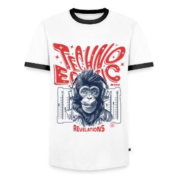 Revelations Shirt: Monkey, Techno and Ecstatic Beats - Men's Ringer Shirt - white/black - Front - AI Model Female 172 light (172cm) & AI Model Male 178 dark (178cm)