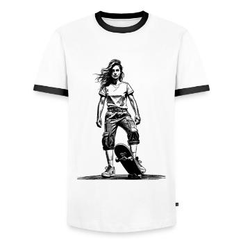 Skater-Girl Shirt – Shortly before the start - Men's Ringer Shirt - white/black - Front - AI Model Female 172 light (172cm) & AI Model Male 178 dark (178cm)
