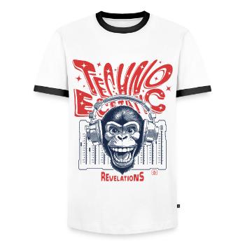 Urban Streetwear Shirt: Monkey in Techno Fever - Men's Ringer Shirt - white/black - Front - AI Model Female 172 light (172cm) & AI Model Male 178 dark (178cm)