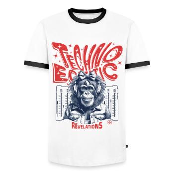 Pulsating techno monkey look: your party shirt - Men's Ringer Shirt - white/black - Front - AI Model Female 172 light (172cm) & AI Model Male 178 dark (178cm)