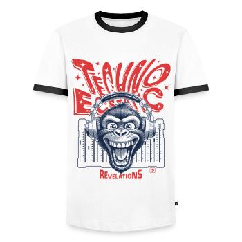 Rhythm Shirt: When monkey and techno merge - Men's Ringer Shirt - white/black - Front - AI Model Female 172 light (172cm) & AI Model Male 178 dark (178cm)