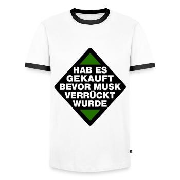 Hab es gekauft bevor Musk verrückt wurde - Spruch - Männer Kontrast-T-Shirt - Weiß/Schwarz - Vorne - AI Model Female 172 light (172cm) & AI Model Male 178 dark (178cm)