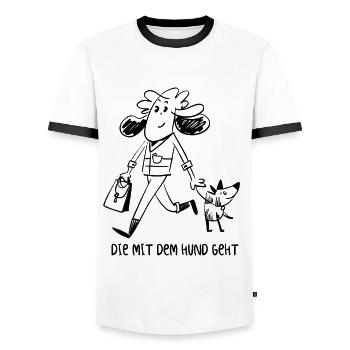 Die mit dem Hund geht - Gassi gehen - Geschenk - Männer Kontrast-T-Shirt - Weiß/Schwarz - Vorne - AI Model Female 172 light (172cm) & AI Model Male 178 dark (178cm)