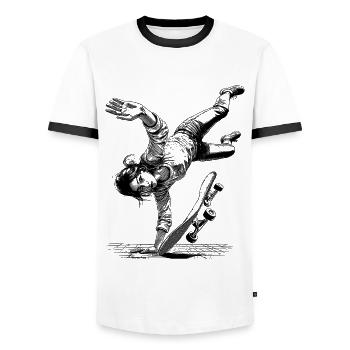 Skaterin stürzt T-Shirt – Doch niemals besiegt! - Männer Kontrast-T-Shirt - Weiß/Schwarz - Vorne - AI Model Female 172 light (172cm) & AI Model Male 178 dark (178cm)
