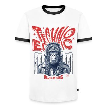 The primate shirt: Techno sparks for partygoers - Men's Ringer Shirt - white/black - Front - AI Model Female 172 light (172cm) & AI Model Male 178 dark (178cm)