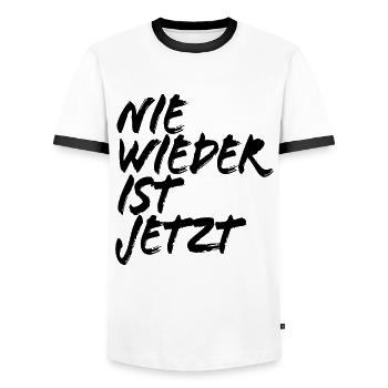 Nie wieder ist jetzt - Gegen Rechts, gegen Hetze - Männer Kontrast-T-Shirt - Weiß/Schwarz - Vorne - AI Model Female 172 light (172cm) & AI Model Male 178 dark (178cm)