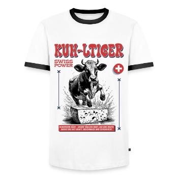 Switzerland shirt with cheese, cow and traditional soul - Men's Ringer Shirt - white/black - Front - AI Model Female 172 light (172cm) & AI Model Male 178 dark (178cm)