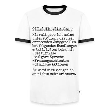 JGA - Kumpel - offizielle Mitteilung - Männer Kontrast-T-Shirt - Weiß/Schwarz - Vorne - AI Model Female 172 light (172cm) & AI Model Male 178 dark (178cm)