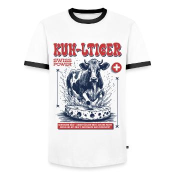 Swiss Shirt: Cheese, Cow & Gourmet Flair - Men's Ringer Shirt - white/black - Front - AI Model Female 172 light (172cm) & AI Model Male 178 dark (178cm)