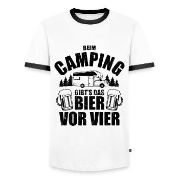 Beim Camping gibts das Bier vor vier - Spruch - Männer Kontrast-T-Shirt - Weiß/Schwarz - Vorne - AI Model Female 172 light (172cm) & AI Model Male 178 dark (178cm)