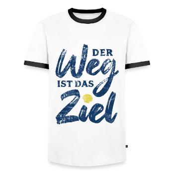 Der Weg ist das Ziel - Camino - Jakobsweg - Pilger - Männer Kontrast-T-Shirt - Weiß/Schwarz - Vorne - AI Model Female 172 light (172cm) & AI Model Male 178 dark (178cm)